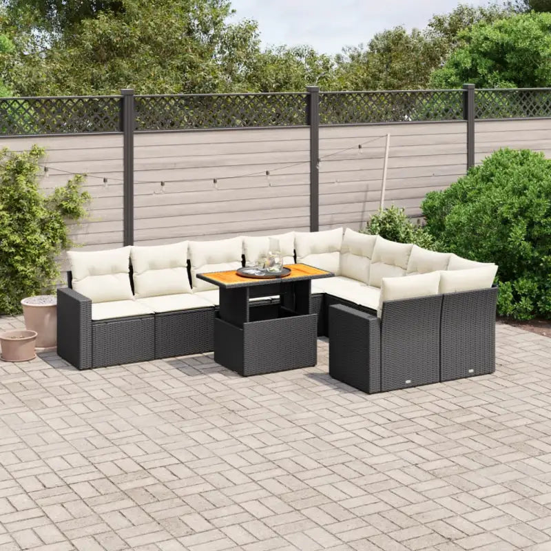 Zwarte loungeset van gepoedercoat staal voor tuin en terras - Zwart en crème / 4x hoek + 5x midden + Tafel - Tuinsets