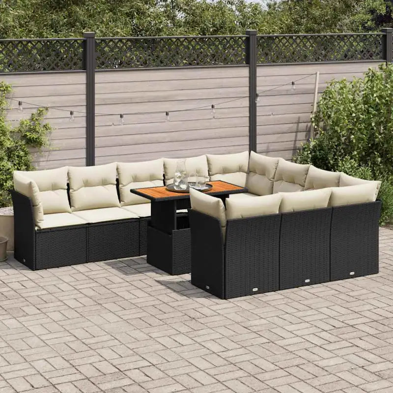 Zwarte loungeset van gepoedercoat staal voor tuin en terras - Zwart en crème / 4x hoek + 6x midden + Tafel - Tuinsets