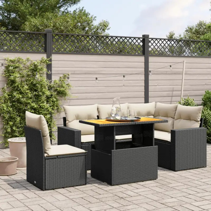 Zwarte tuinset van gepoedercoat staal met comfortabele afmetingen - Zwart en crème / Tafel + 2x midden + 3x hoek