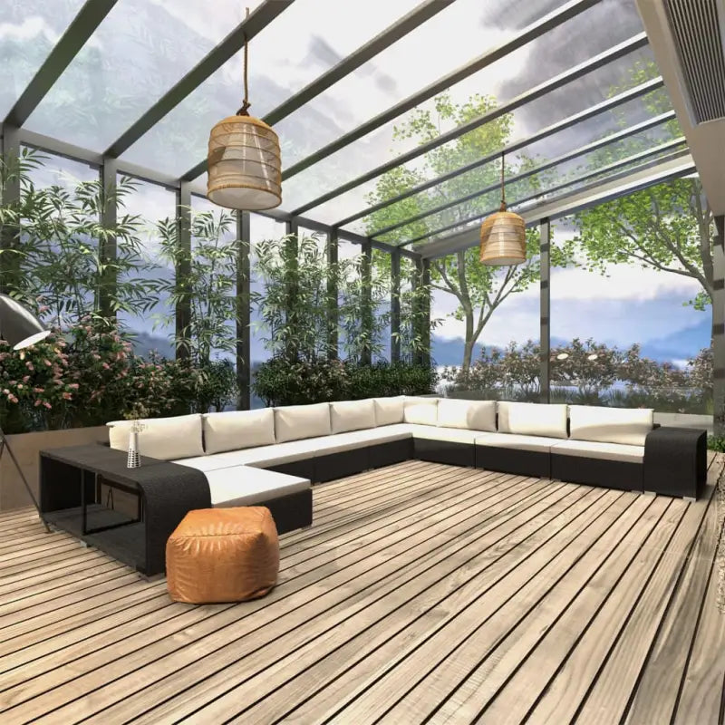 11-delige tuinbankset met gepoedercoat stalen frame en bijzettafels - Zwart en wit - Tuinsets