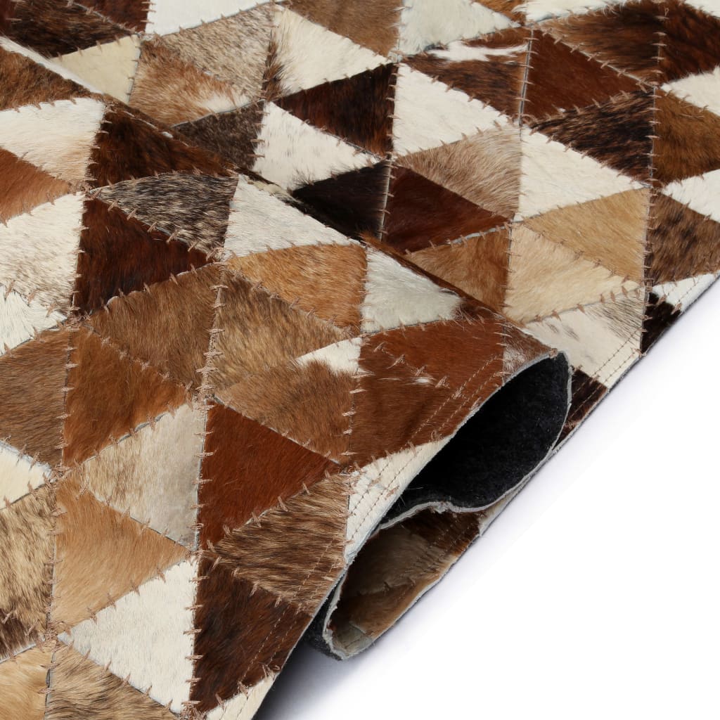 vidaXL Vloerkleed driehoek patchwork 80x150 cm echt leer bruin/wit