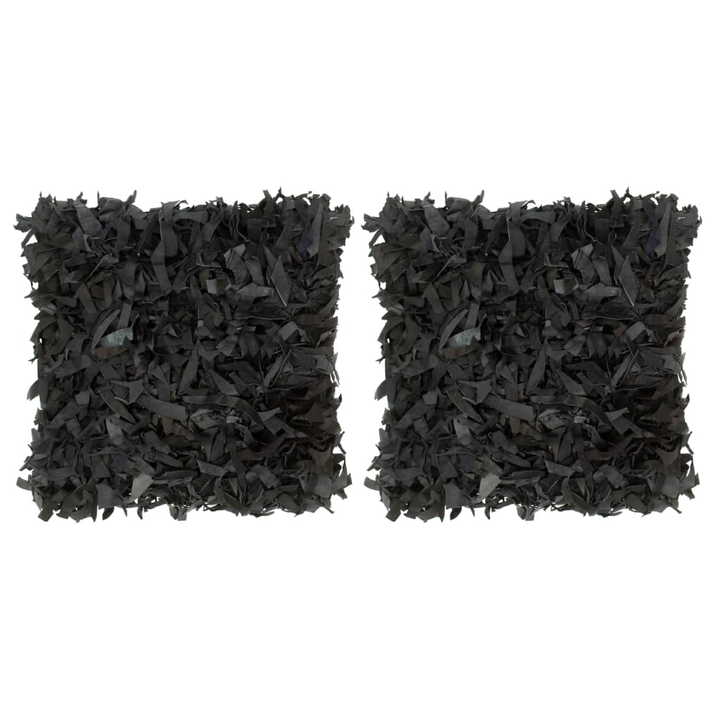 vidaXL Kussens 2 st shaggy hoogpolig 45x45 cm leer en katoen zwart