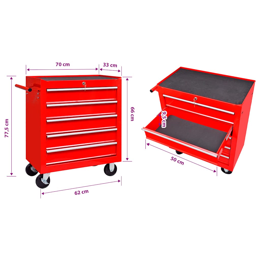 vidaXL 7-Drawer Tool Trolley Red
