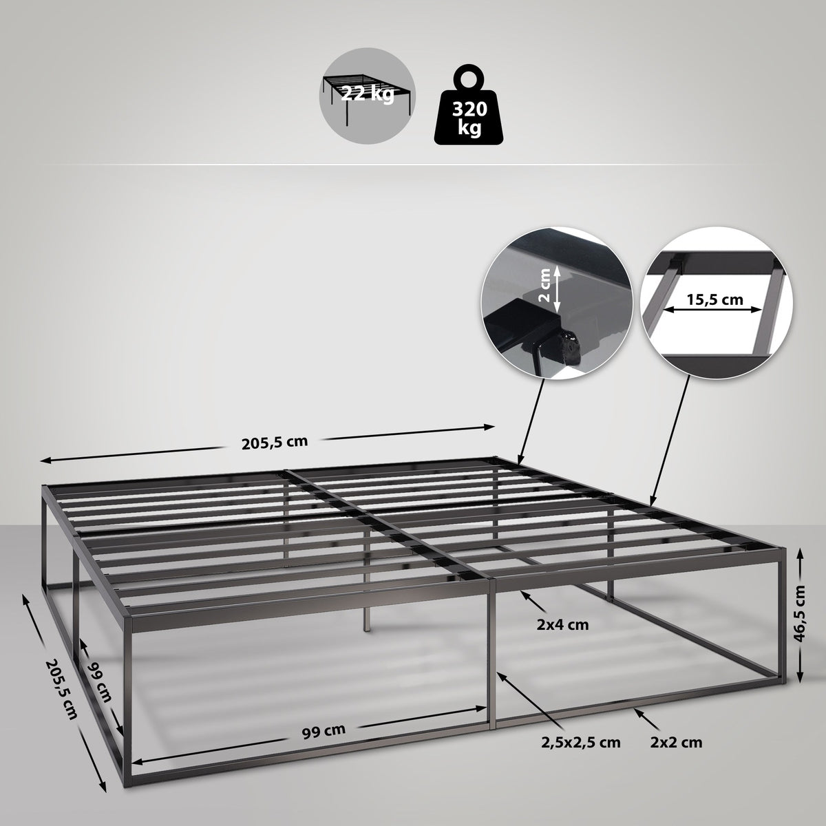 Metalen bed Scala zwart,200x200x46 cm schwarz
