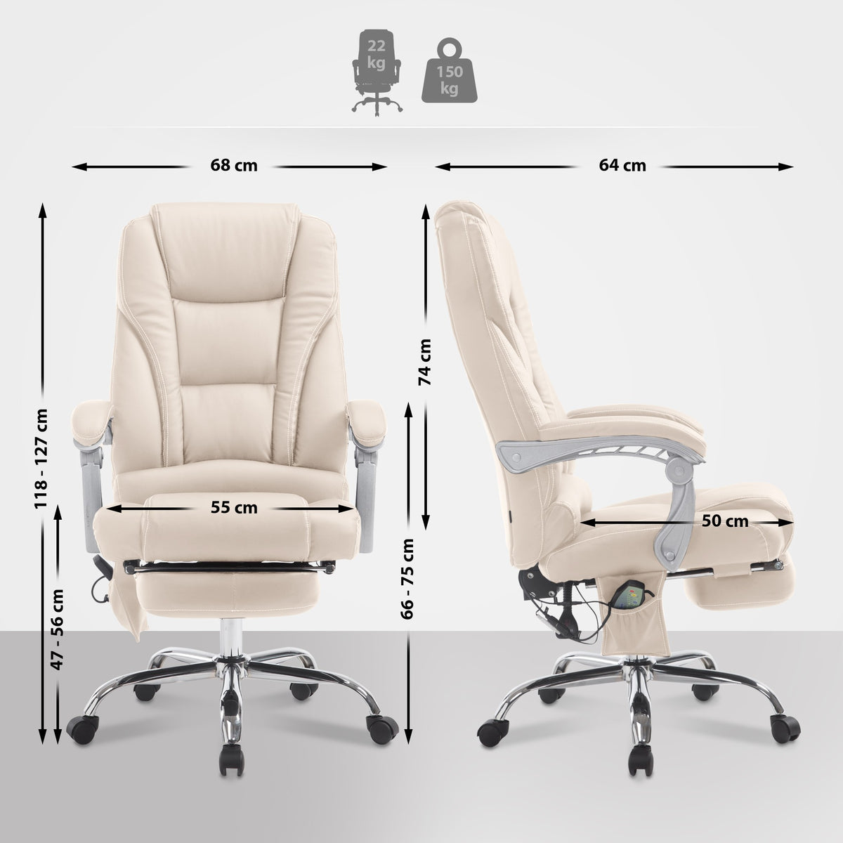 Pacific bureaustoel met massagefunctie V2 kunstleer creme creme