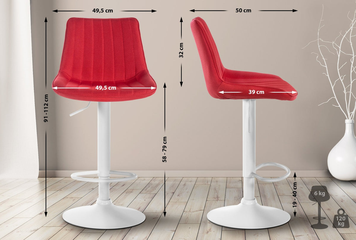 Set van 2 barkrukken Toni stof rood,Metaal mat wit rot