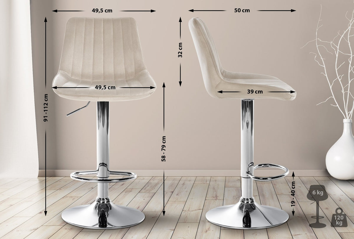 Set van 2 barkrukken Toni fluweel creme,Metaal in chroomoptiek creme