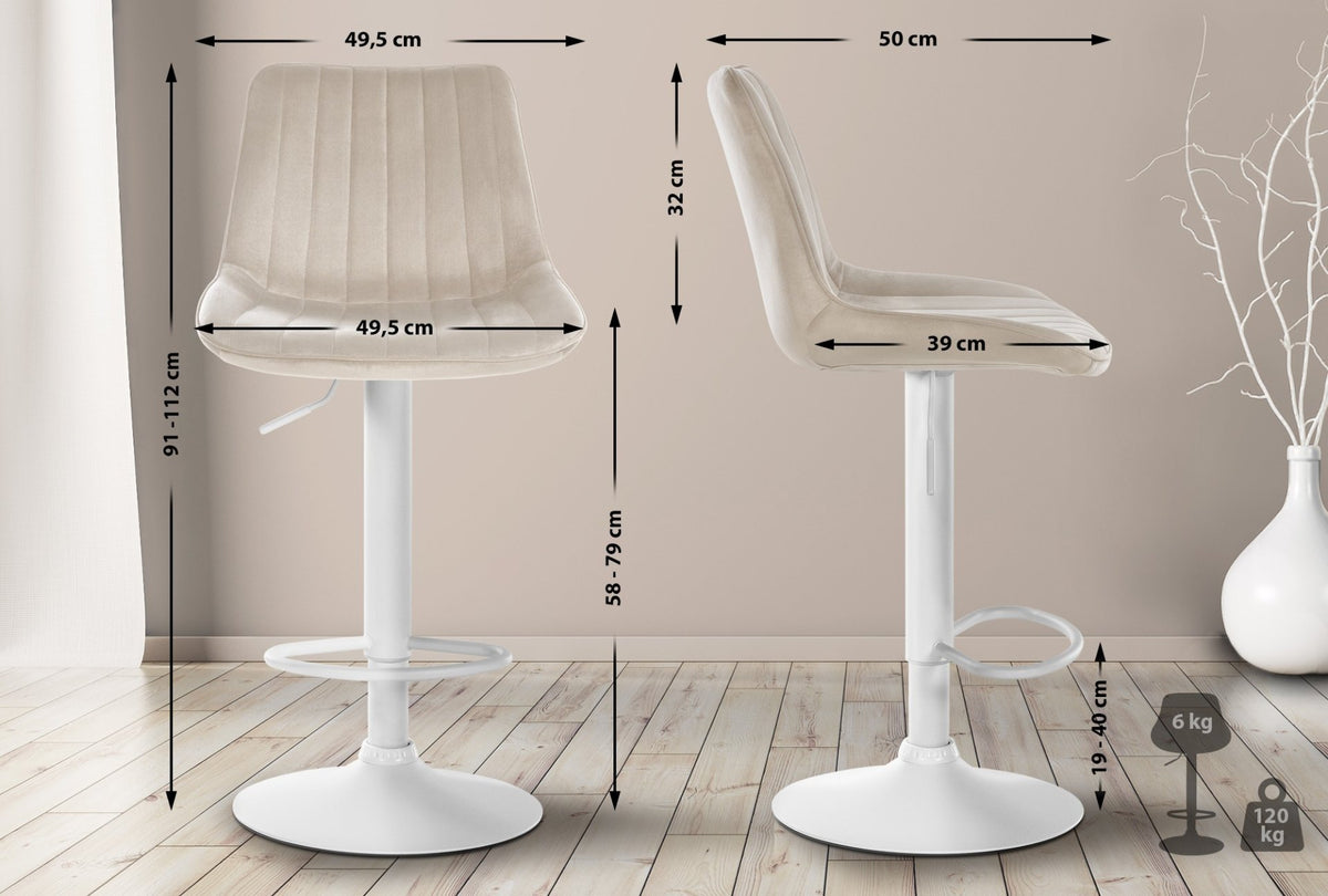 Set van 2 barkrukken Toni fluweel creme,Metaal mat wit creme