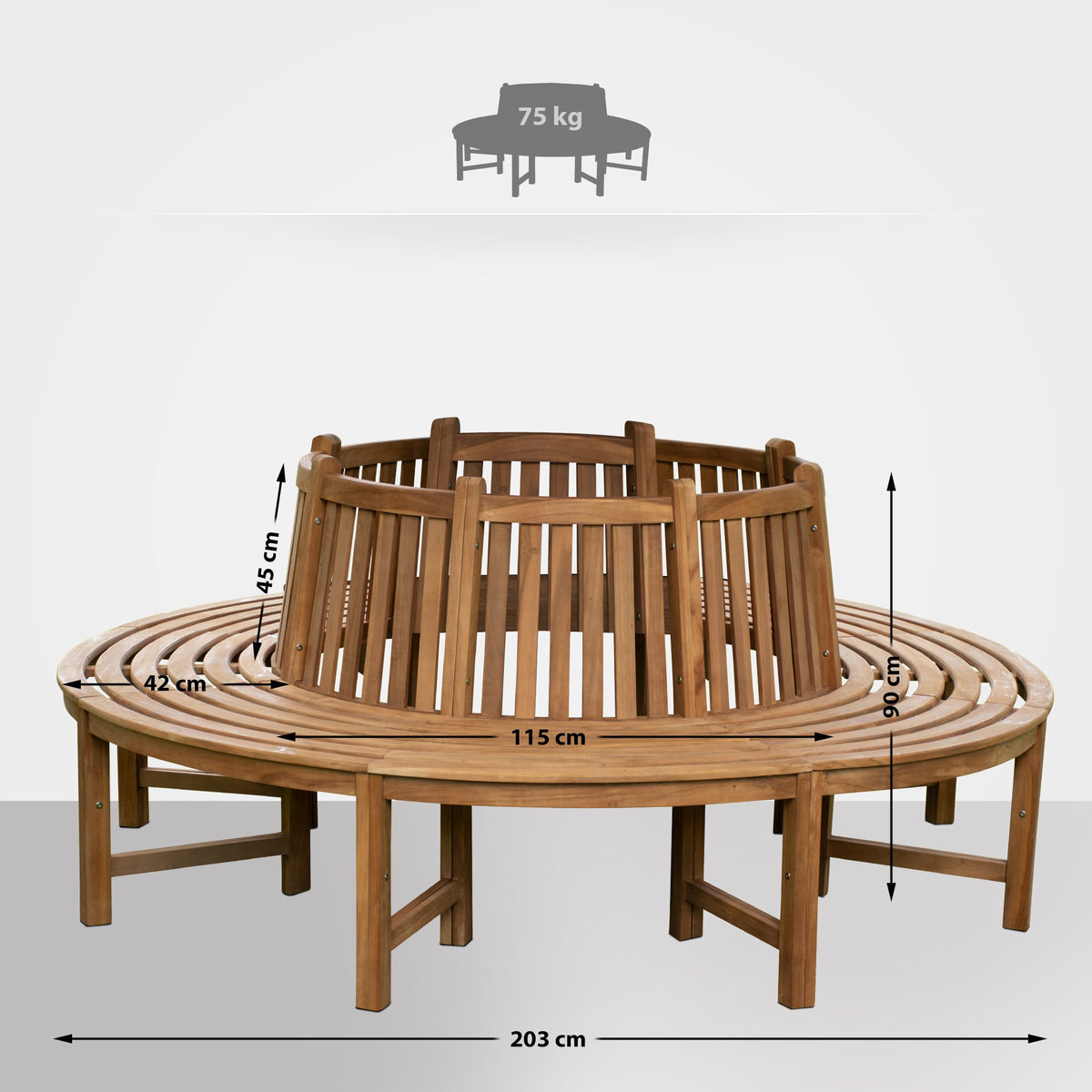 Baumbank Nila 206cm rund mit Rückenlehne braun