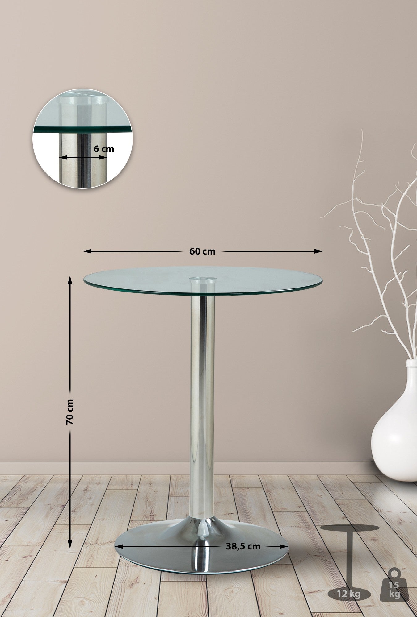 Glazen tafel 70 cm helder/glas klarglas