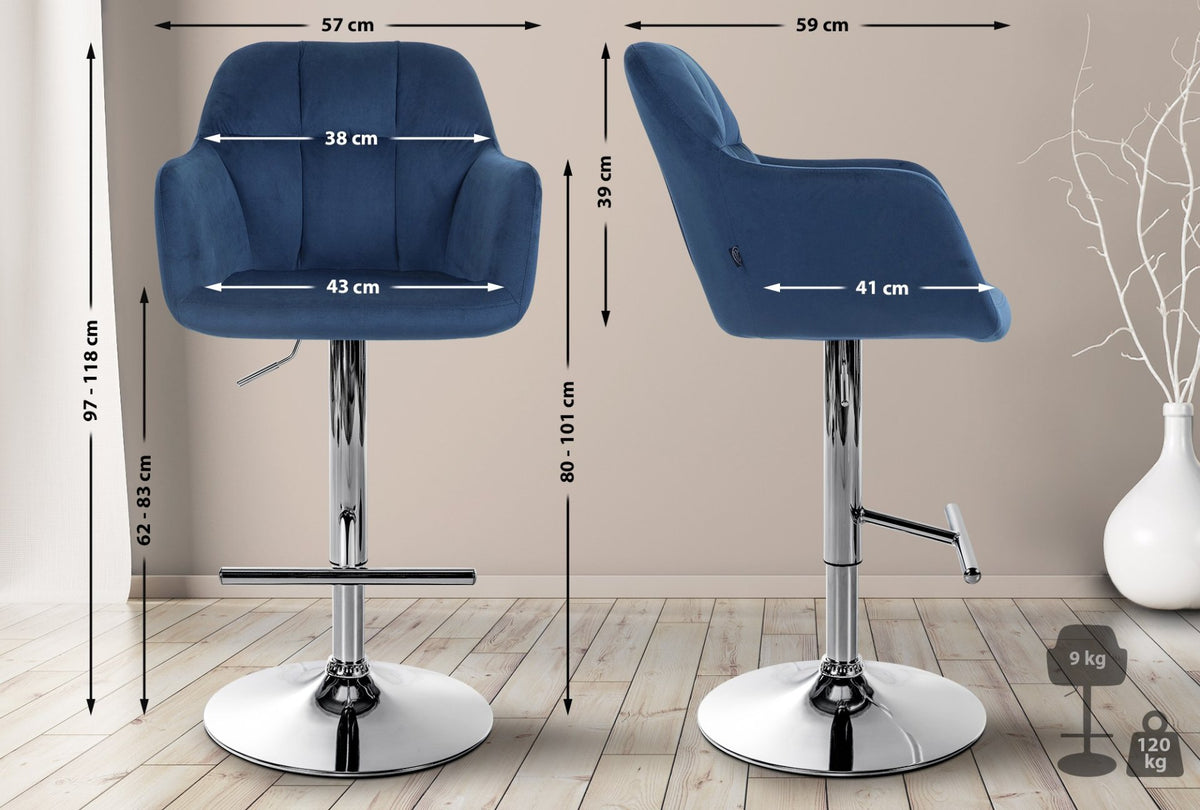 Barkruk Natoma fluweel blauw,Metaal in chroomoptiek blau