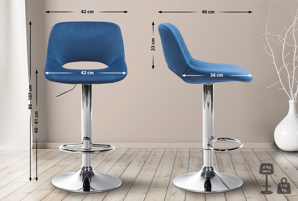 Barkruk Camden fluweel blauw,Metaal in chroomoptiek blau