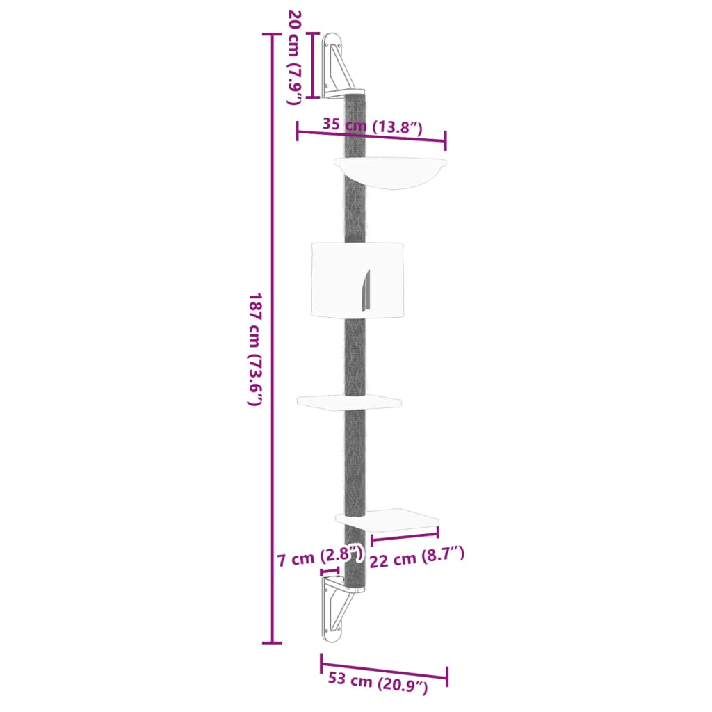 vidaXL Kattenmeubel wandgemonteerd met krabpaal 187 cm crèmekleurig