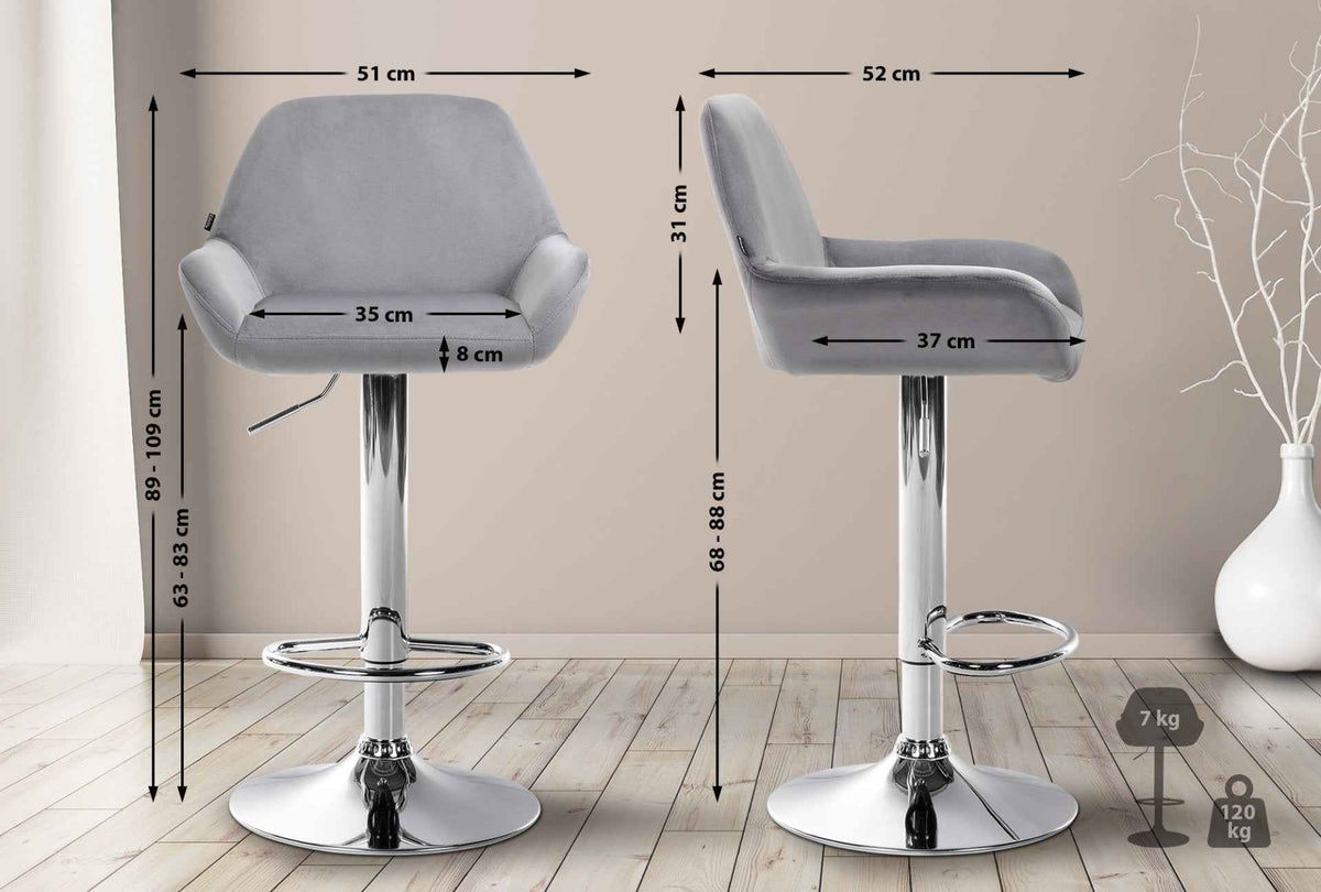 Set van 2 barkrukken Braga fluweel grijs,Metaal in chroomoptiek grau