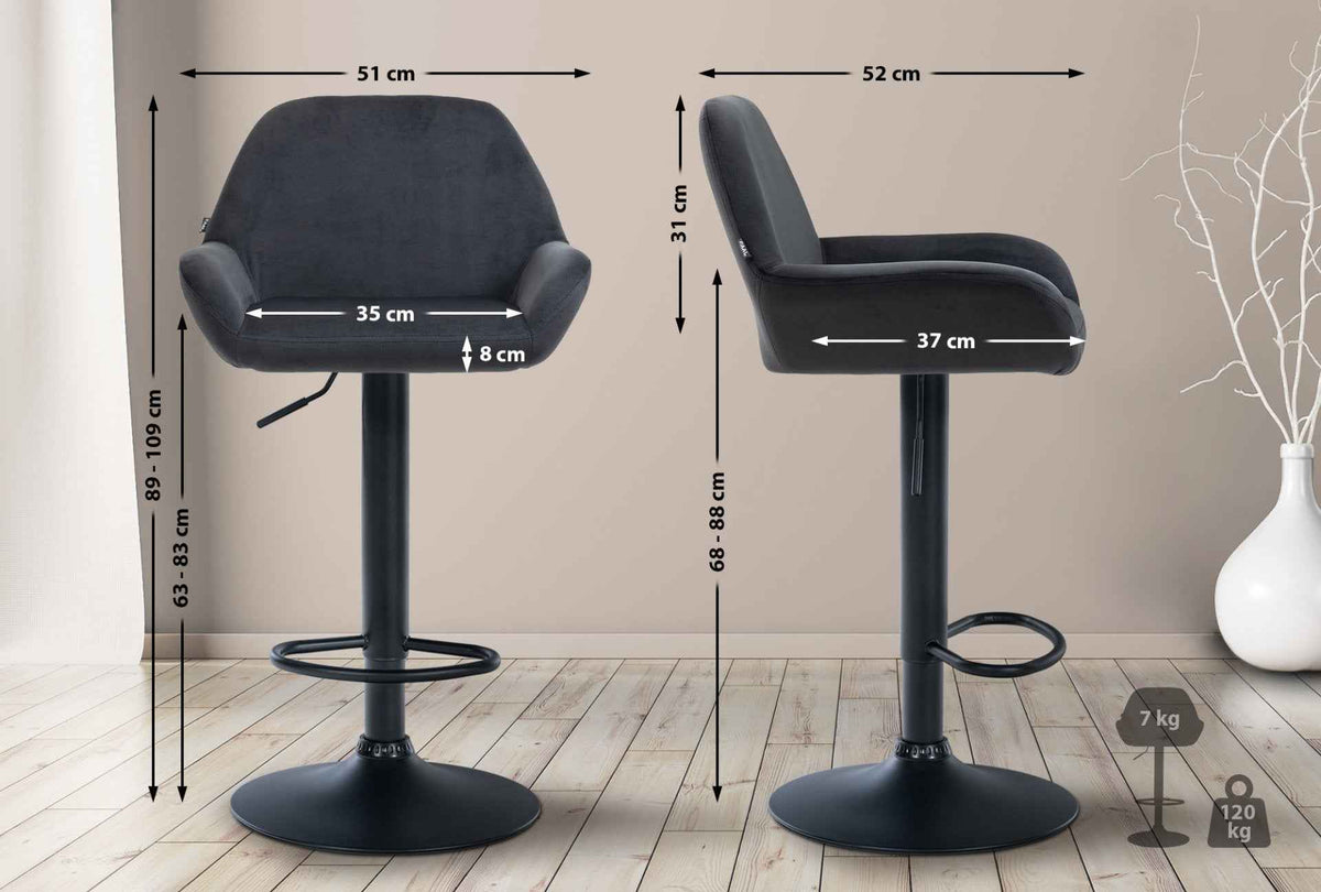 Set van 2 barkrukken Braga fluweel zwart,Metaal mat zwart schwarz