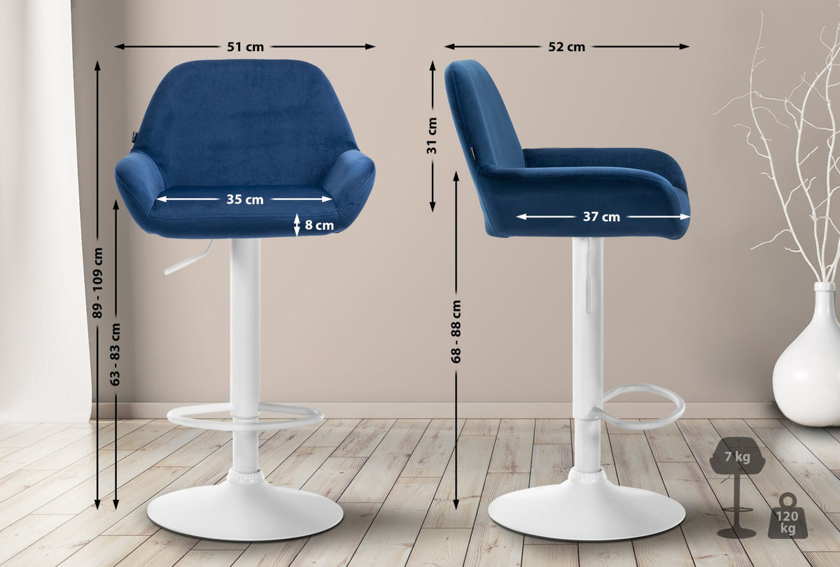 Set van 2 barkrukken Braga fluweel blauw,Metaal mat wit blau
