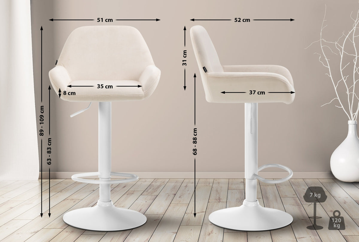 Set van 2 barkrukken Braga fluweel creme,Metaal mat wit creme