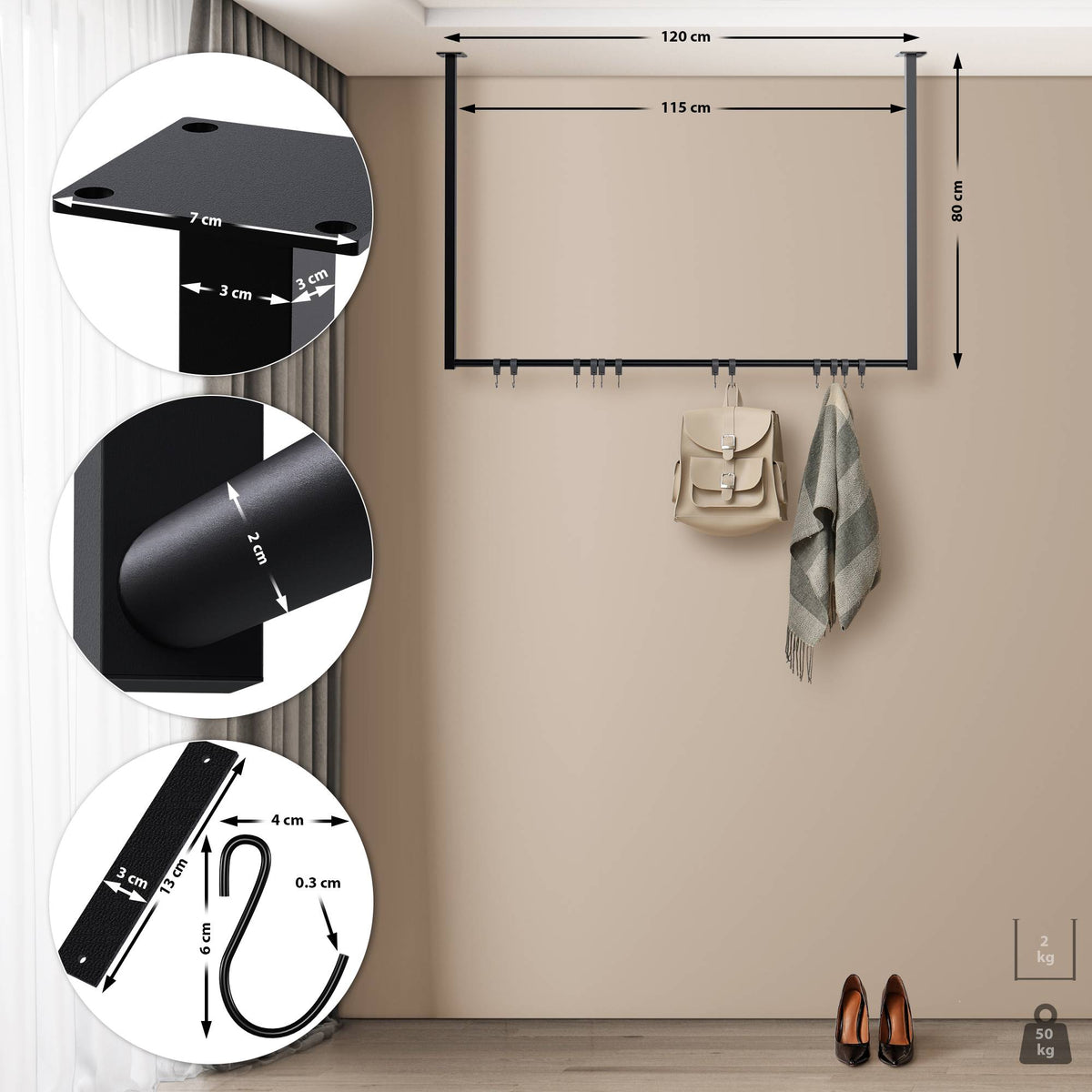 Kledingstang Fenton met 12 haken 120x80 cm schwarz