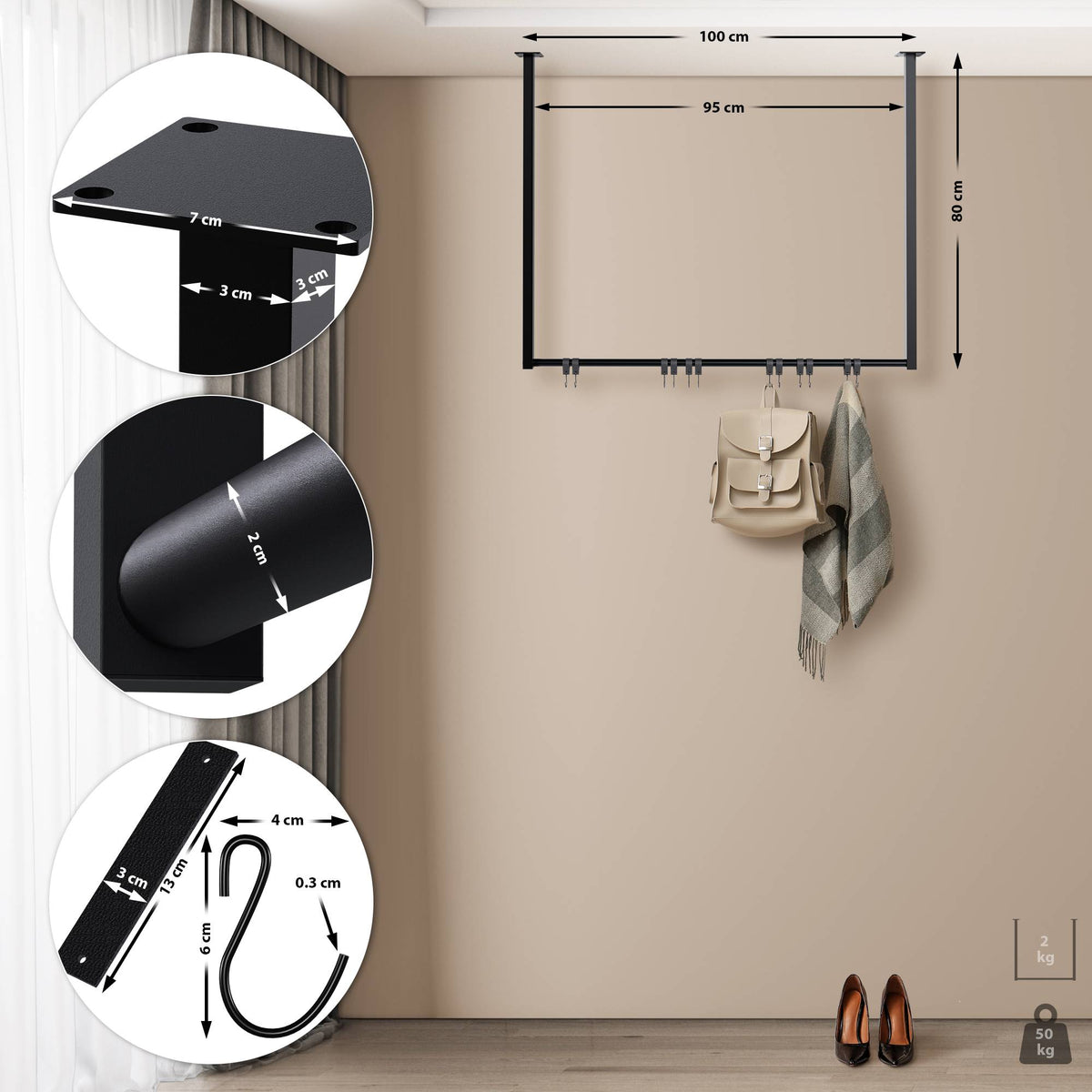 Kledingstang Fenton met 12 haken 100x80 cm schwarz