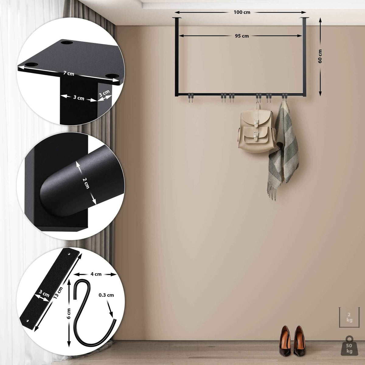 Kledingstang Fenton met 12 haken 100x60 cm schwarz