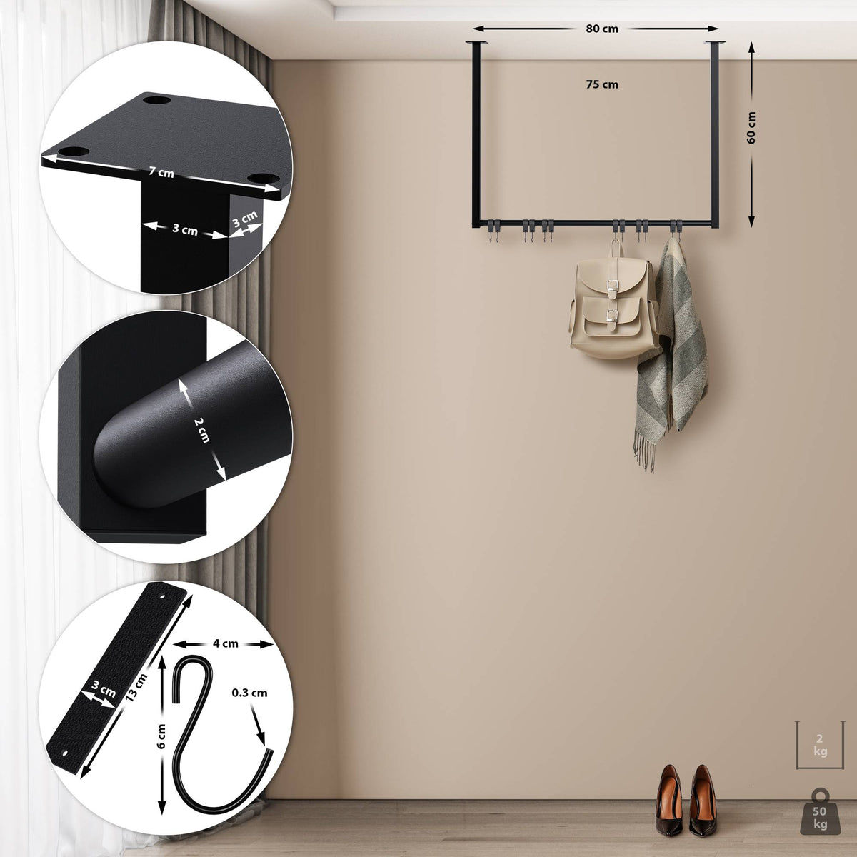 Kledingstang Fenton met 12 haken 80x60 cm schwarz