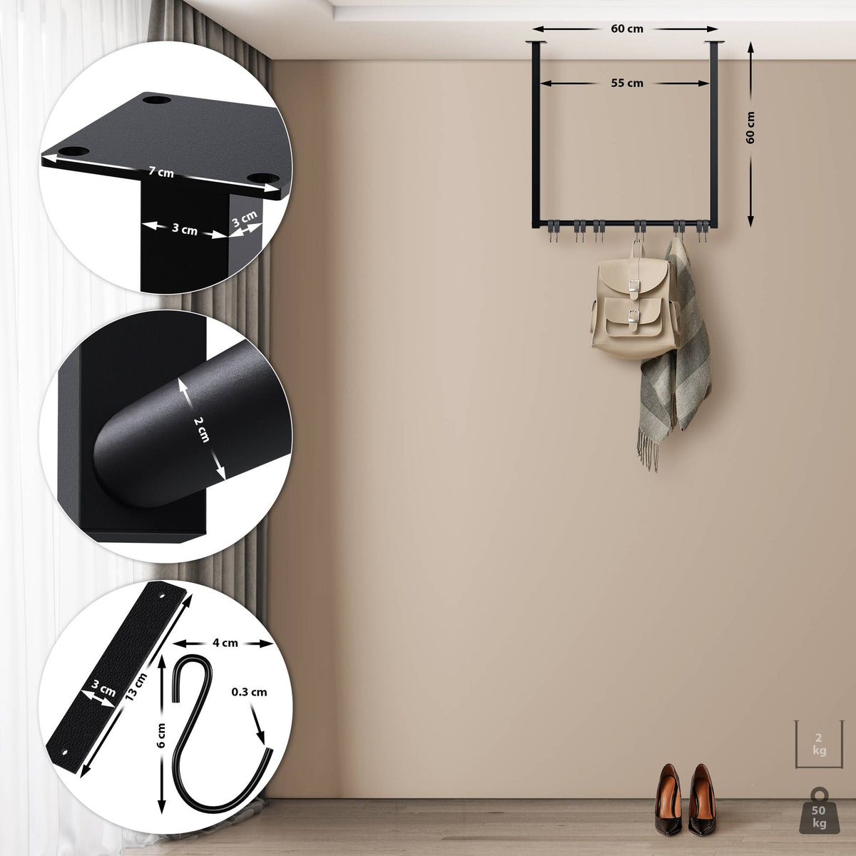 Kledingstang Fenton met 12 haken 60x60 cm schwarz