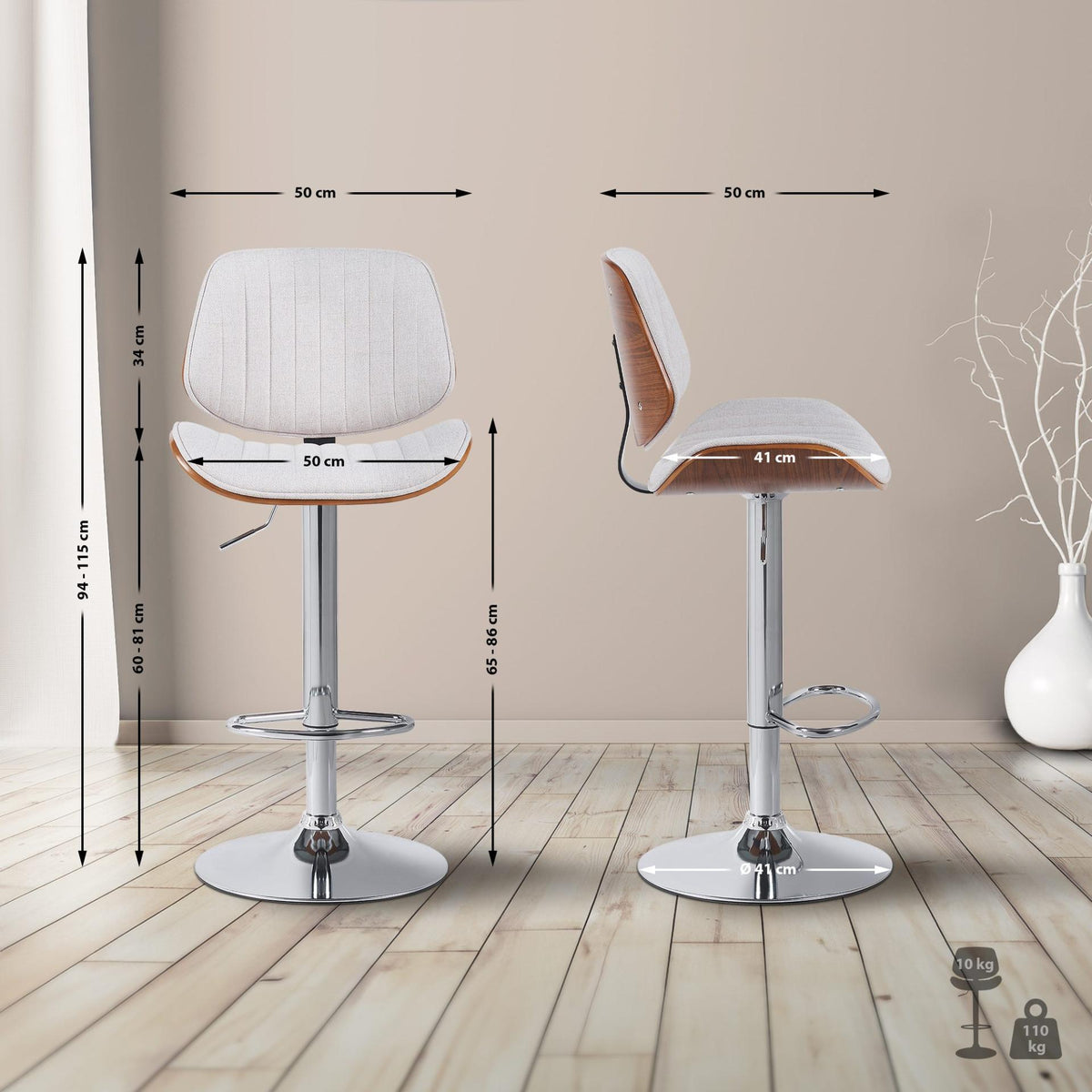 Barkruk Clawson stof walnoot/creme,chroom walnuss/creme