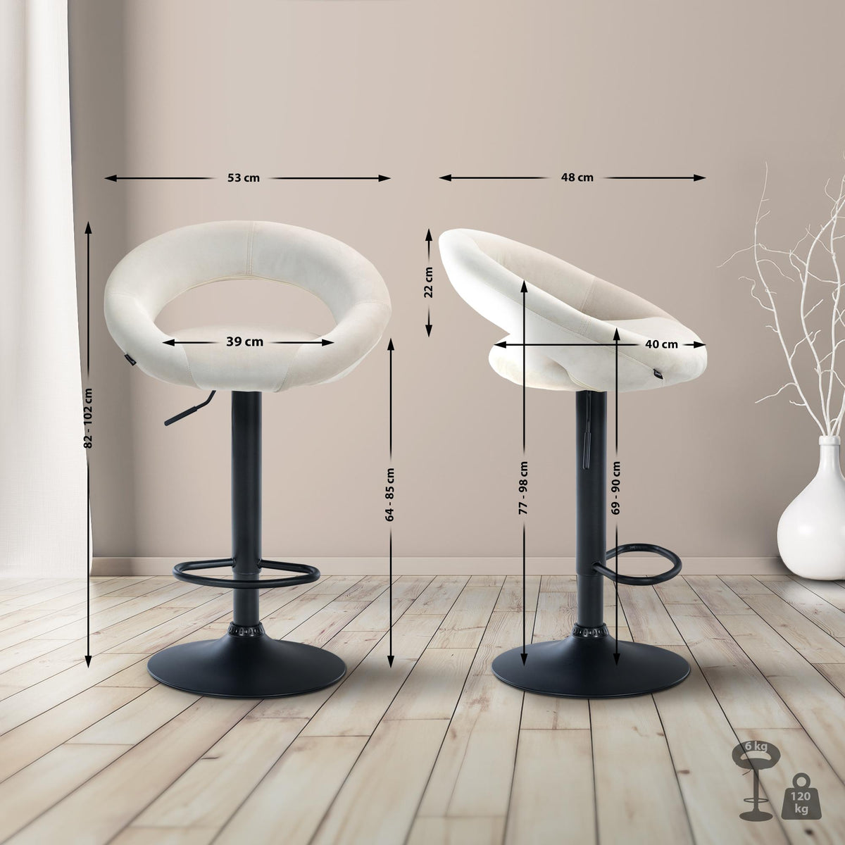 Barkruk Olinda fluweel creme,zwart creme