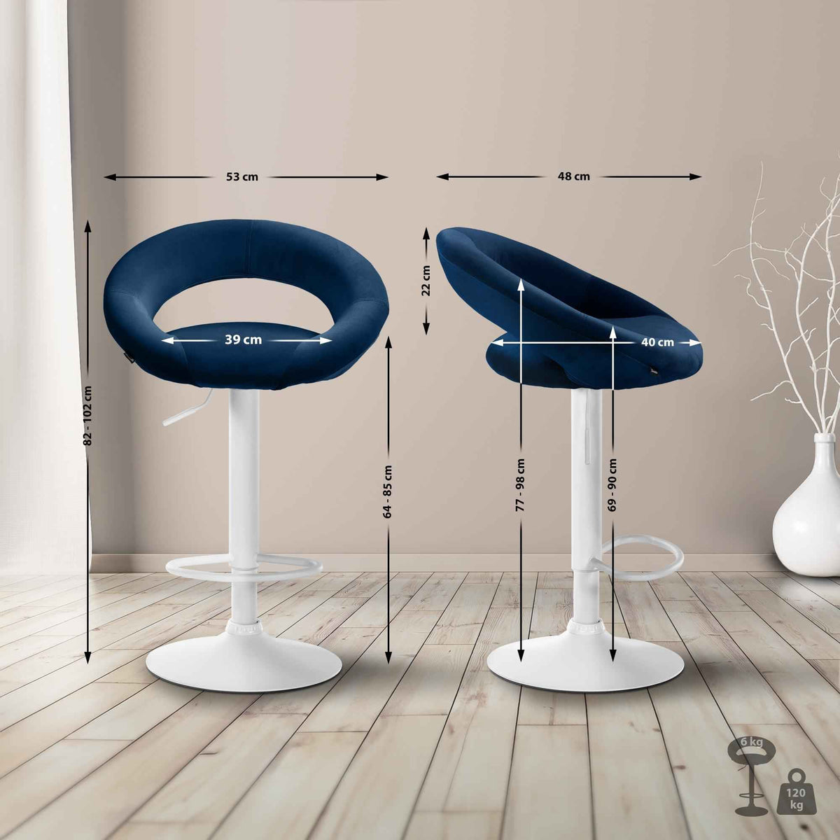 Barkruk Olinda fluweel blauw,wit blau