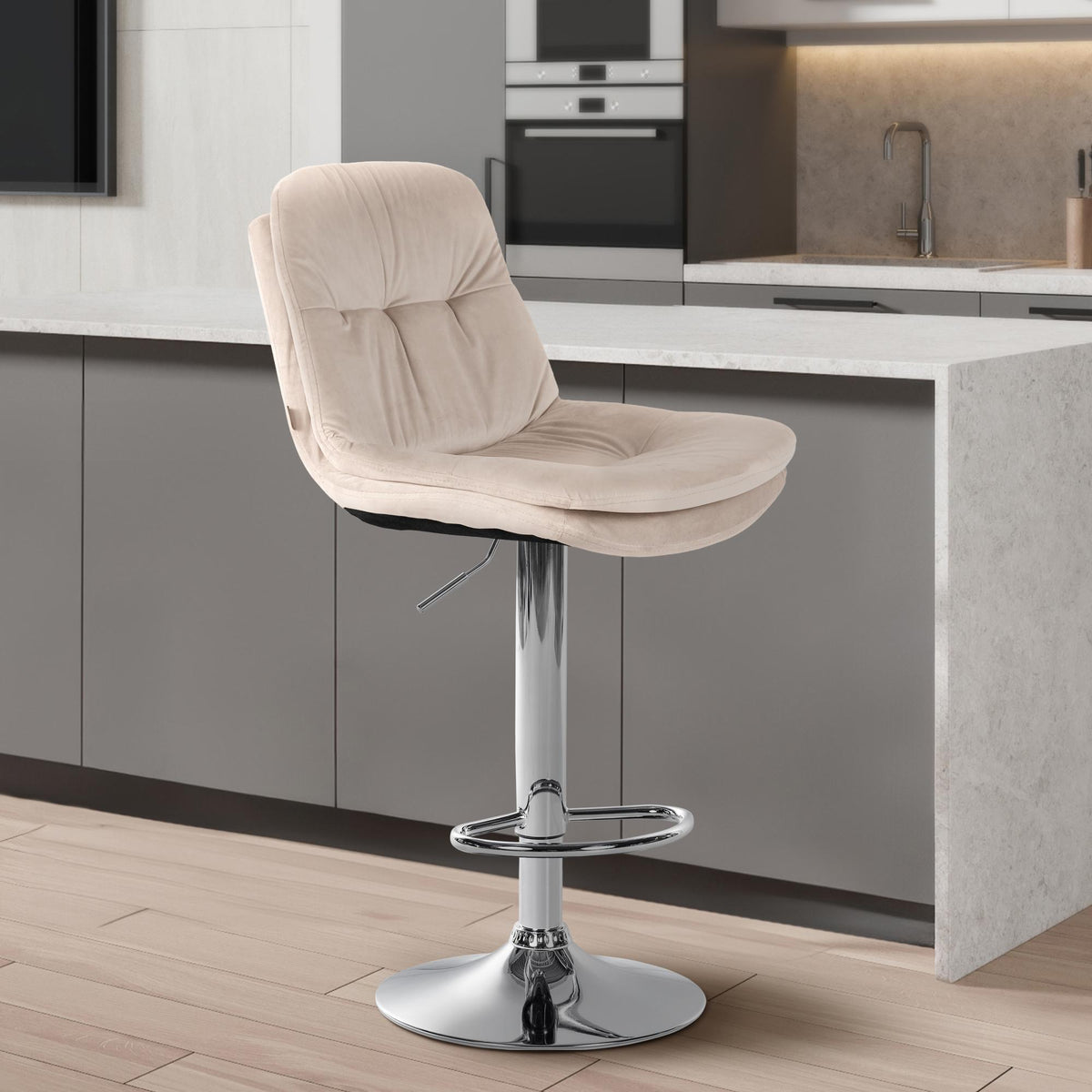 Barkruk Laurel fluweel creme,Metaal in chroomoptiek creme