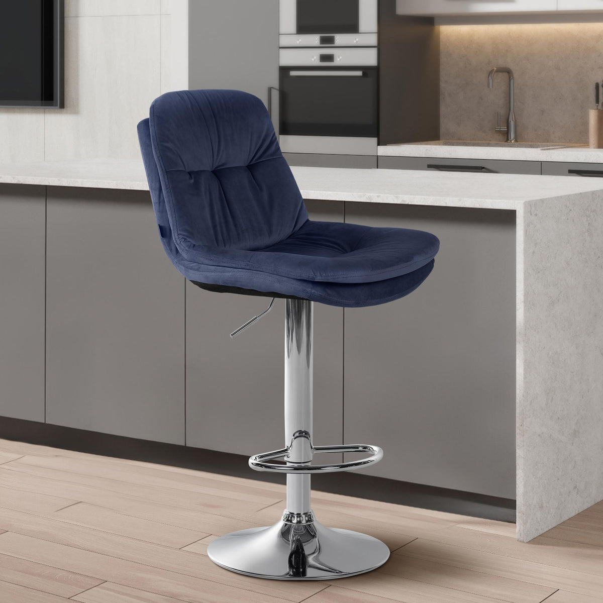 Barkruk Laurel fluweel blauw,Metaal in chroomoptiek blau