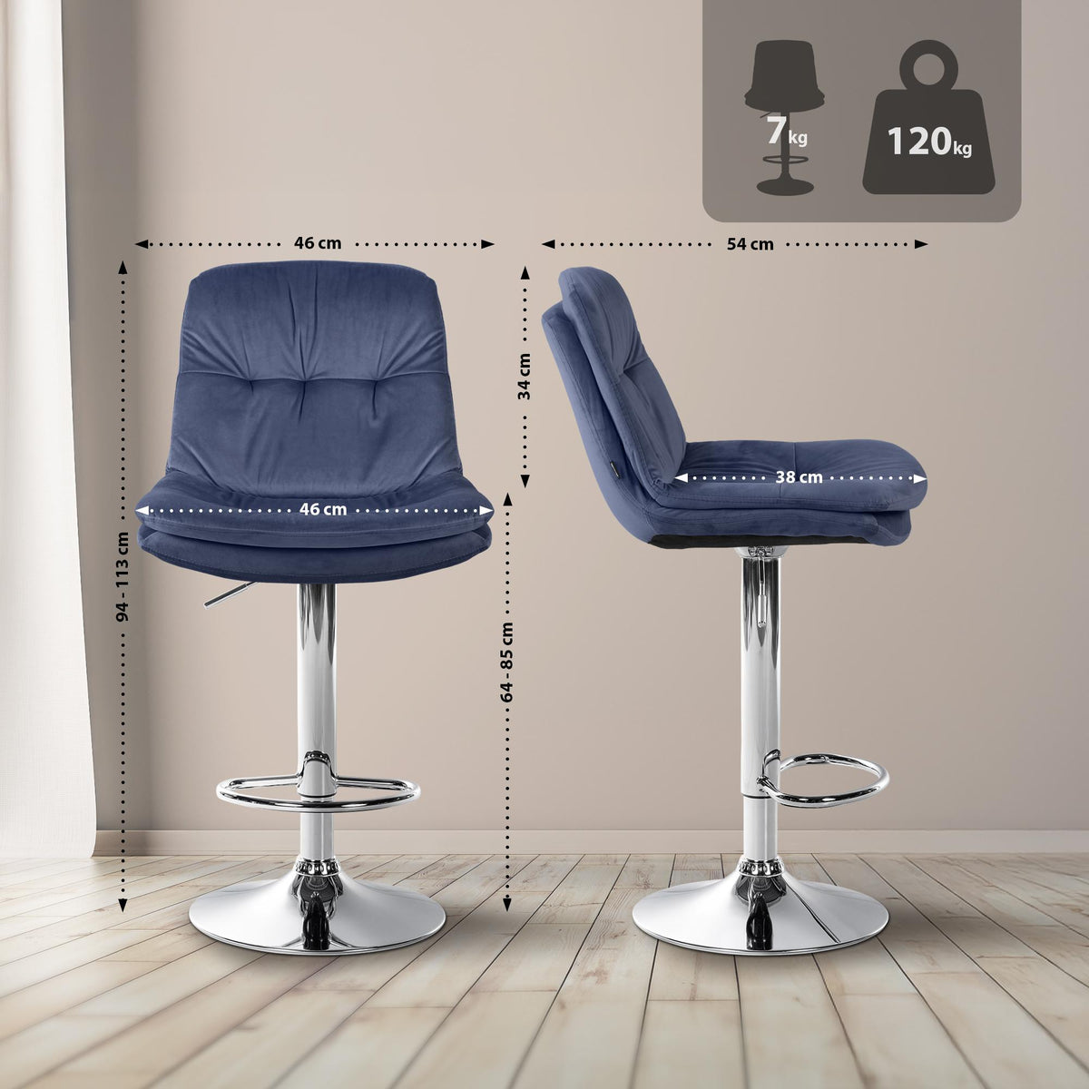 Barkruk Laurel fluweel blauw,Metaal in chroomoptiek blau