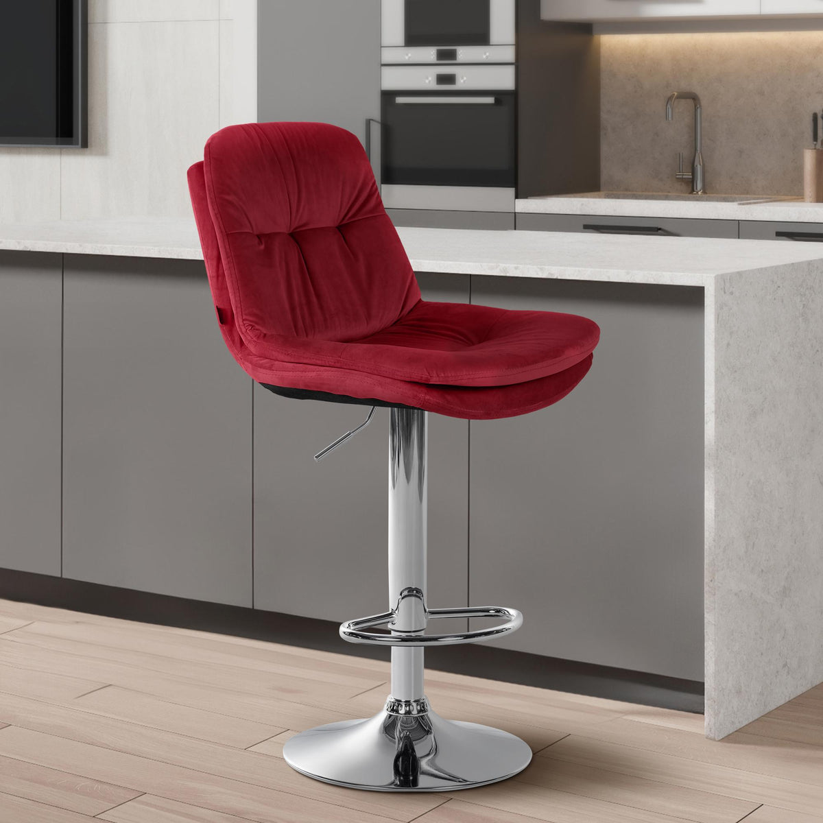 Barkruk Laurel fluweel rood,Metaal in chroomoptiek rot