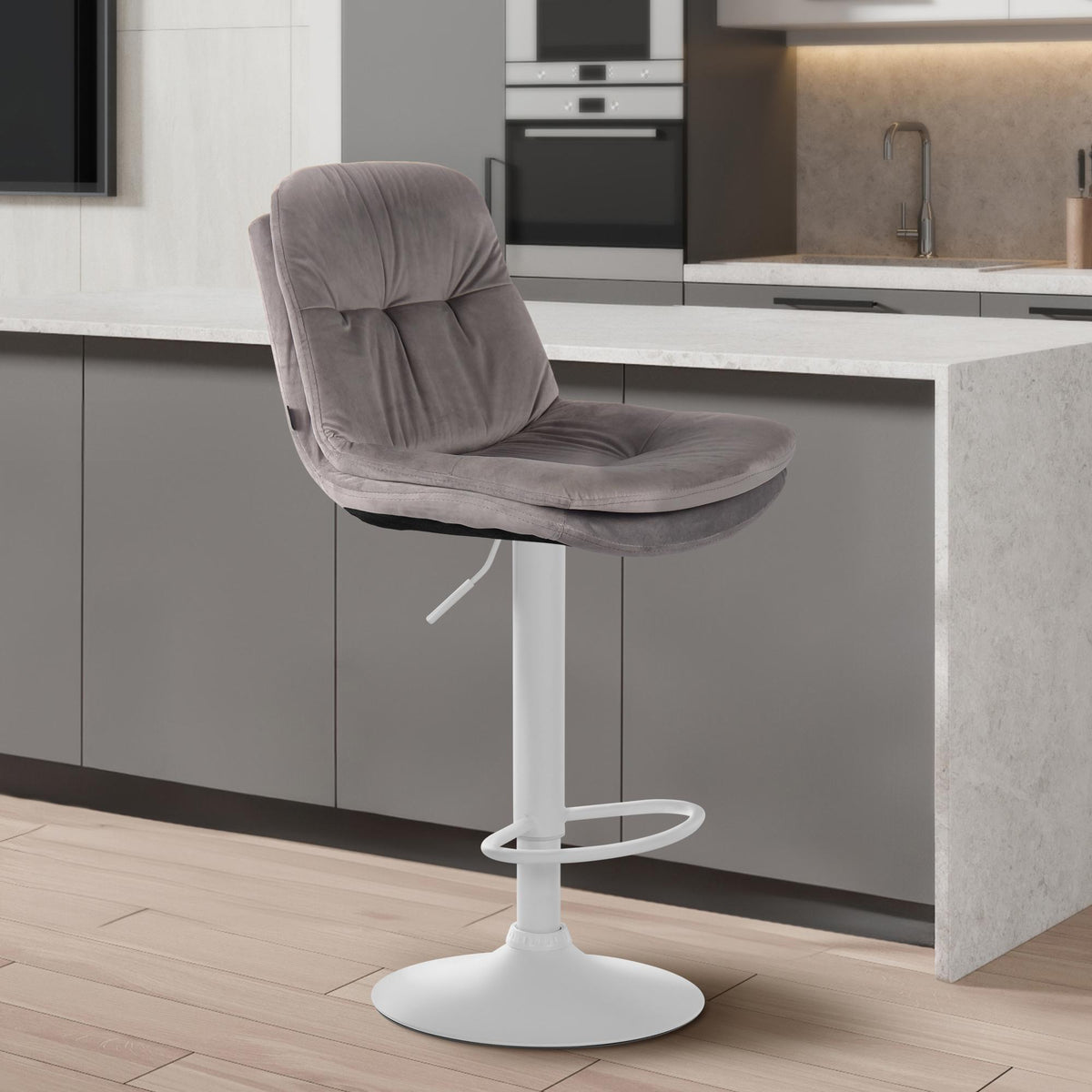 Barkruk Laurel fluweel grijs,Metaal mat wit grau