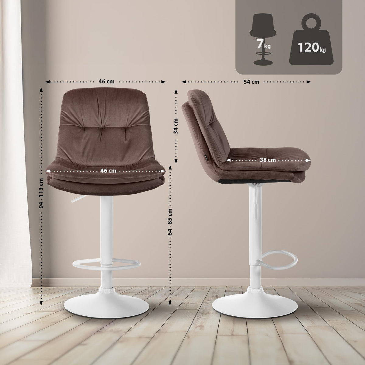 Barkruk Laurel fluweel bruin,Metaal mat wit braun