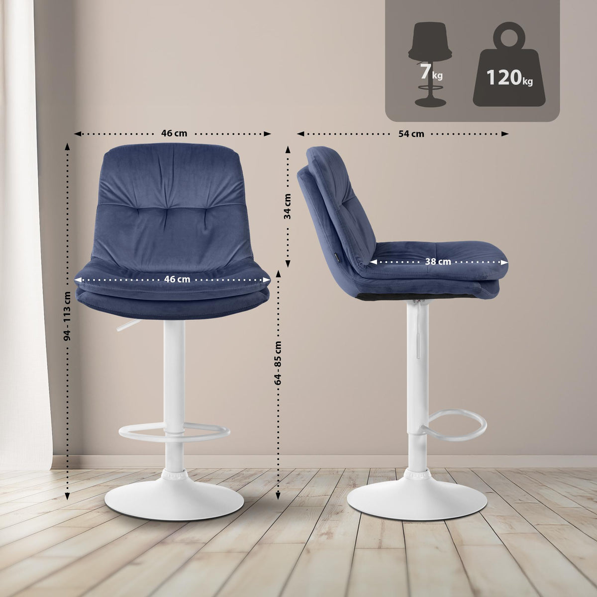 Barkruk Laurel fluweel blauw,Metaal mat wit blau
