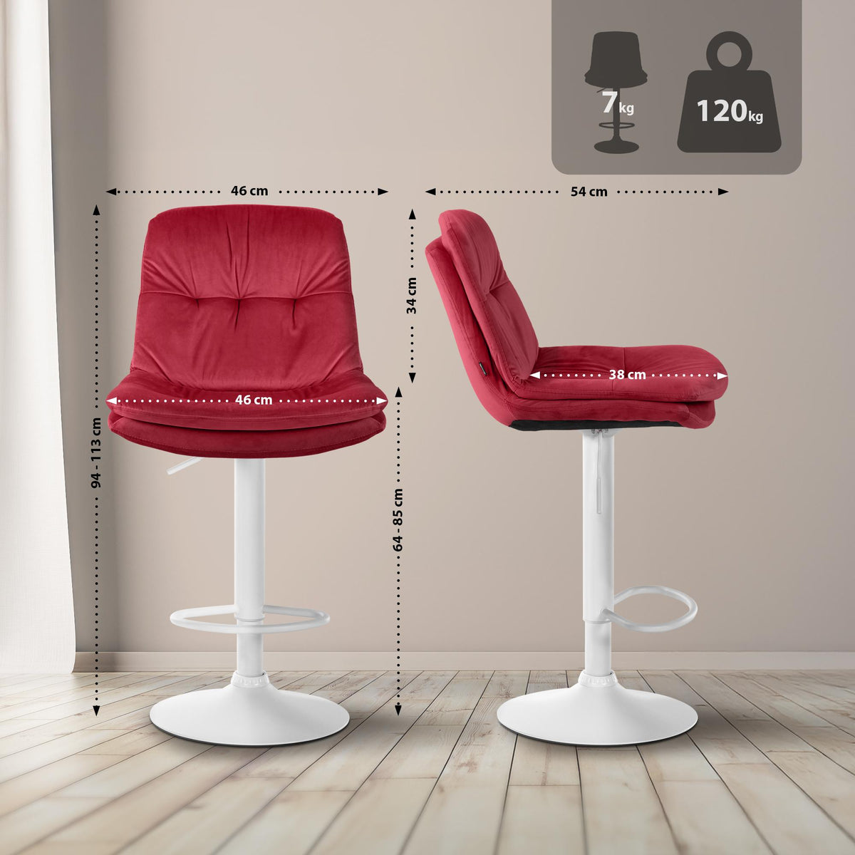 Barkruk Laurel fluweel rood,Metaal mat wit rot
