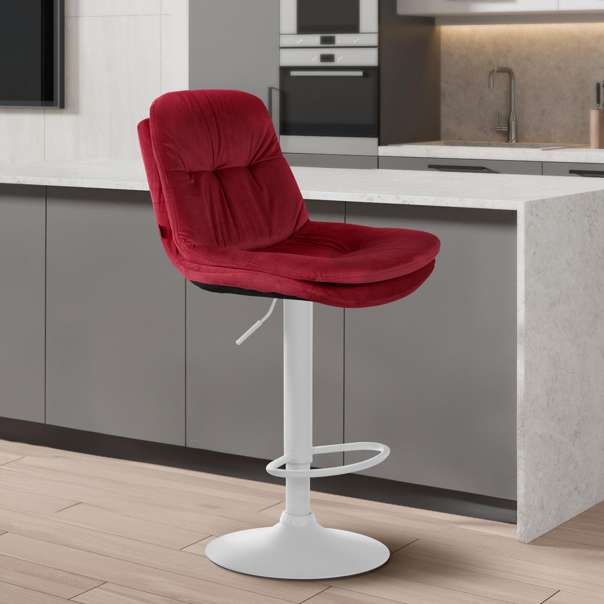 Barkruk Laurel fluweel rood,Metaal mat wit rot