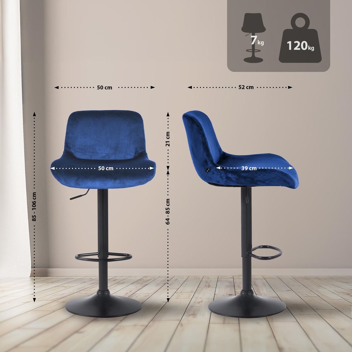 Barkruk Solon zwart blauw,Fluweel blau