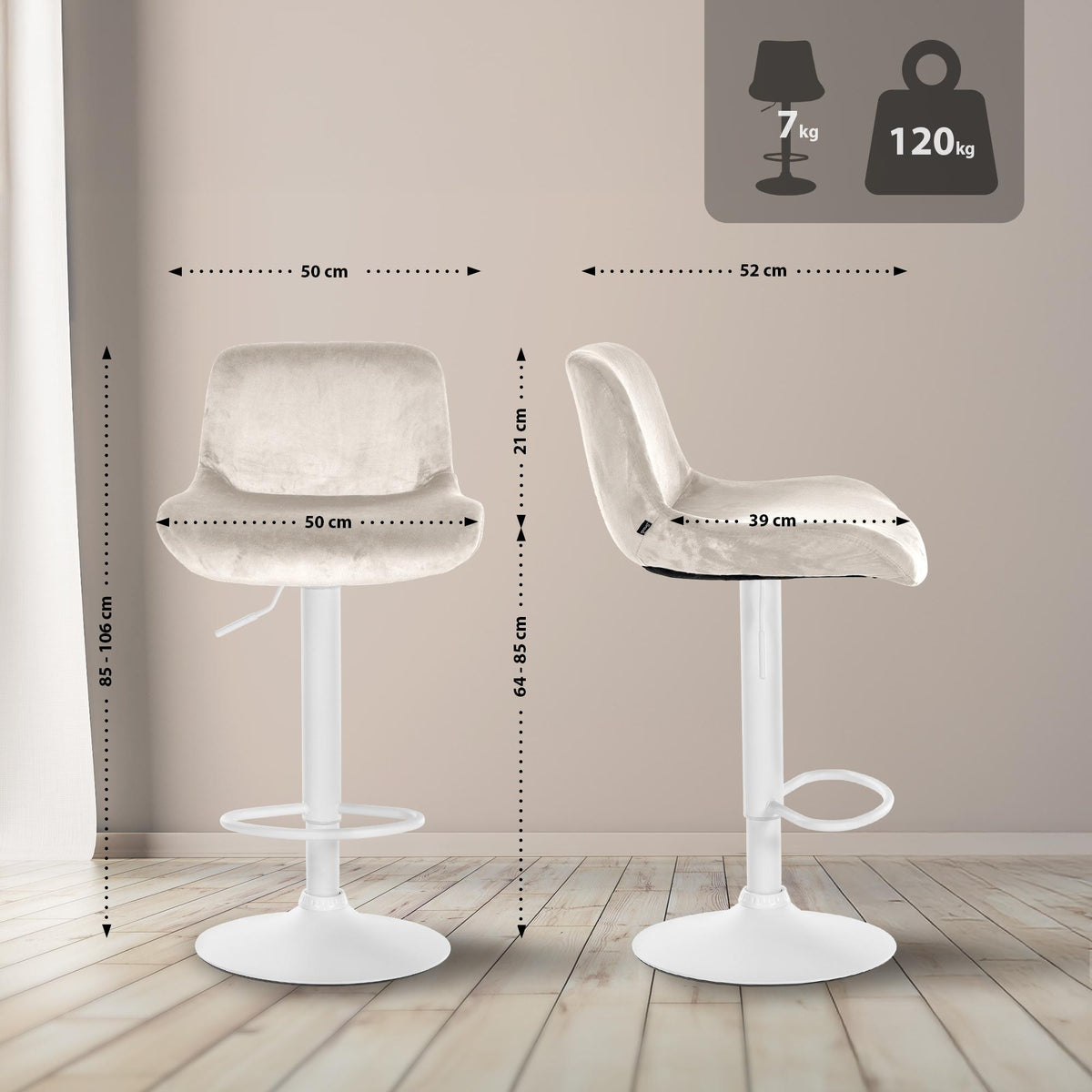 Barkruk Solon wit frame creme,Fluweel creme