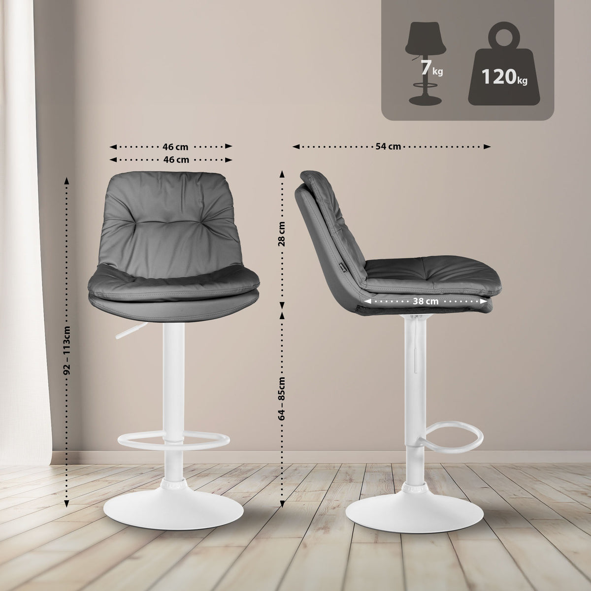 Barkruk Laurel kunstleer grijs,Metaal mat wit grau