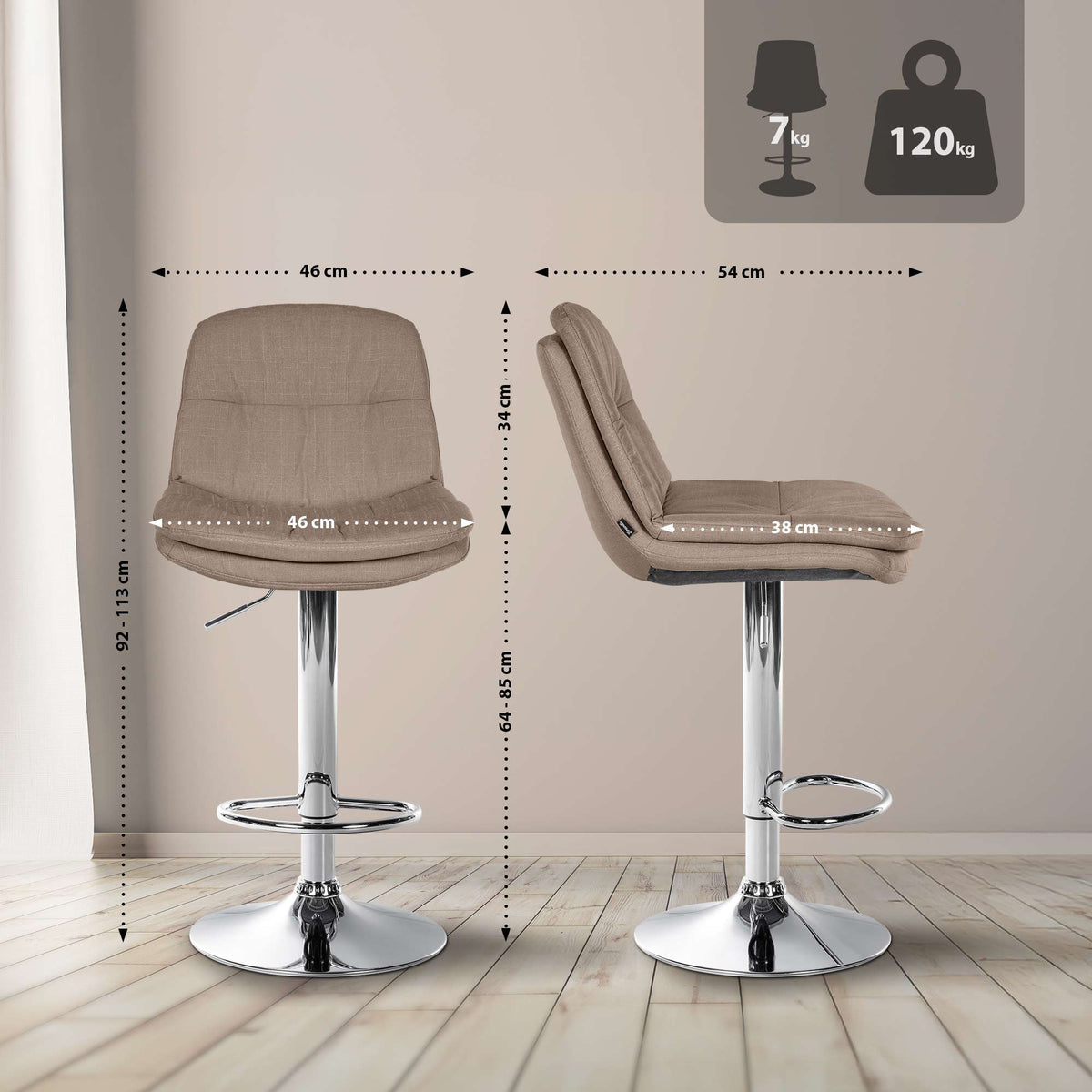 Barkruk Laurel stof taupe,Metaal in chroomoptiek taupe