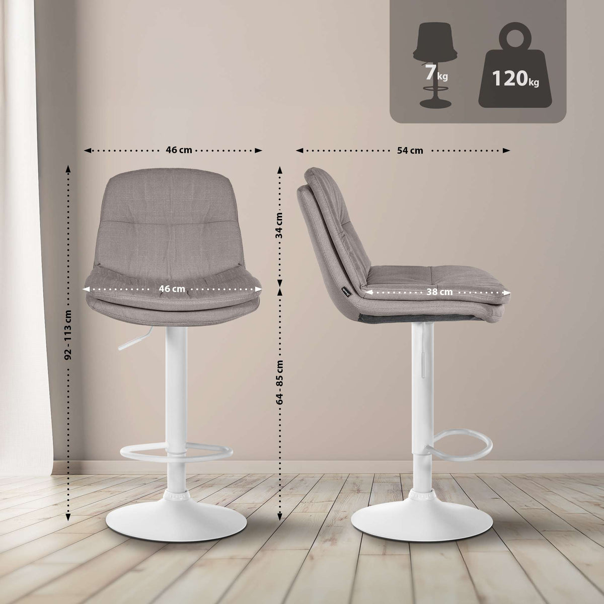 Barkruk Laurel stof grijs,Metaal mat wit grau