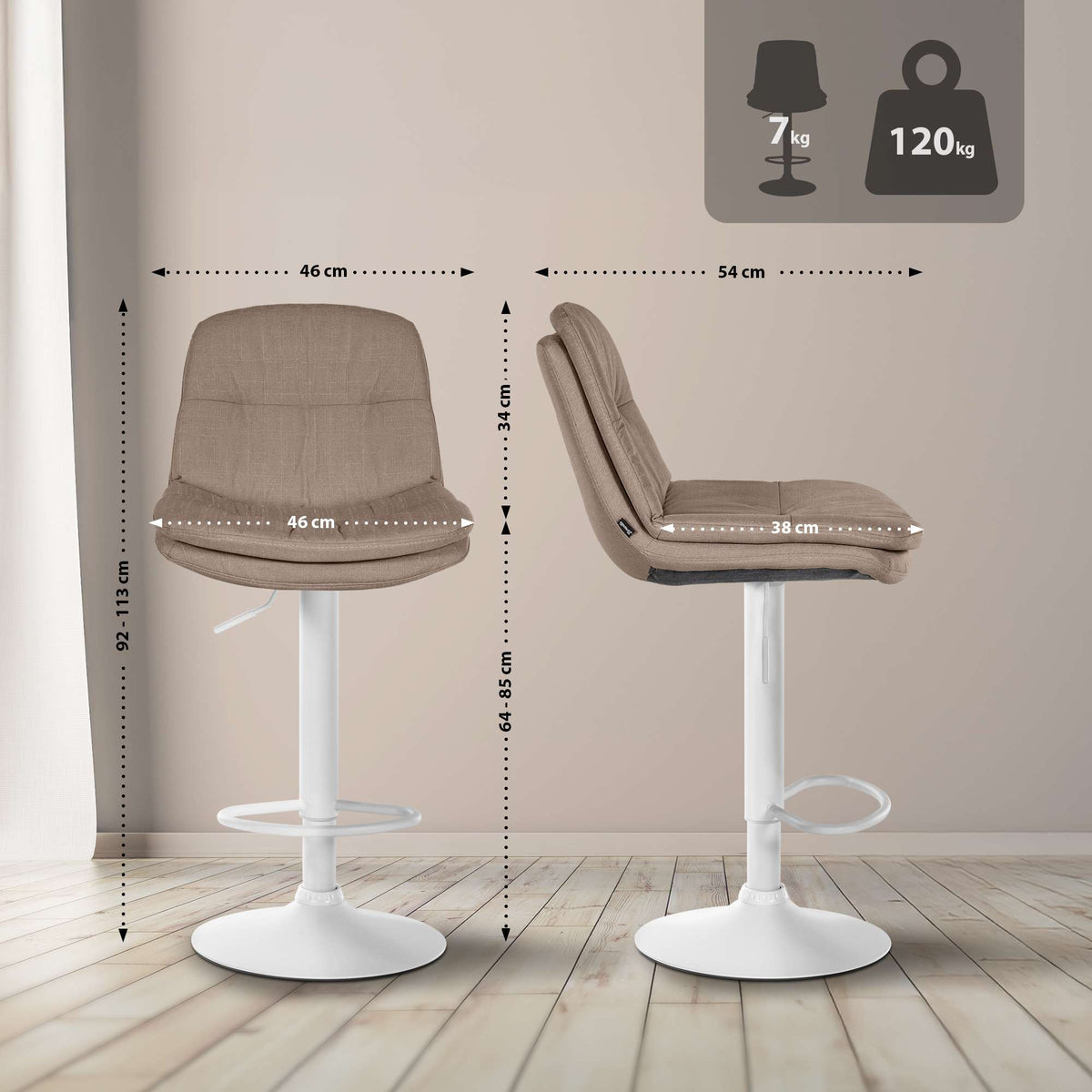 Barkruk Laurel stof taupe,Metaal mat wit taupe