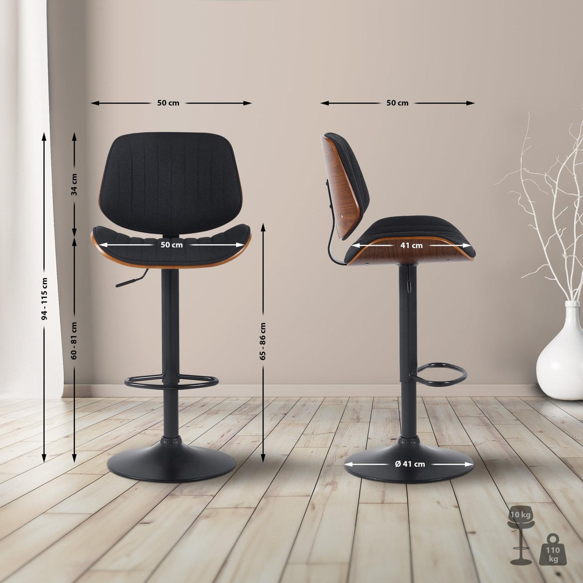 Set van 2 barkrukken Clawson stof walnoot/zwart,zwart walnuss/schwarz