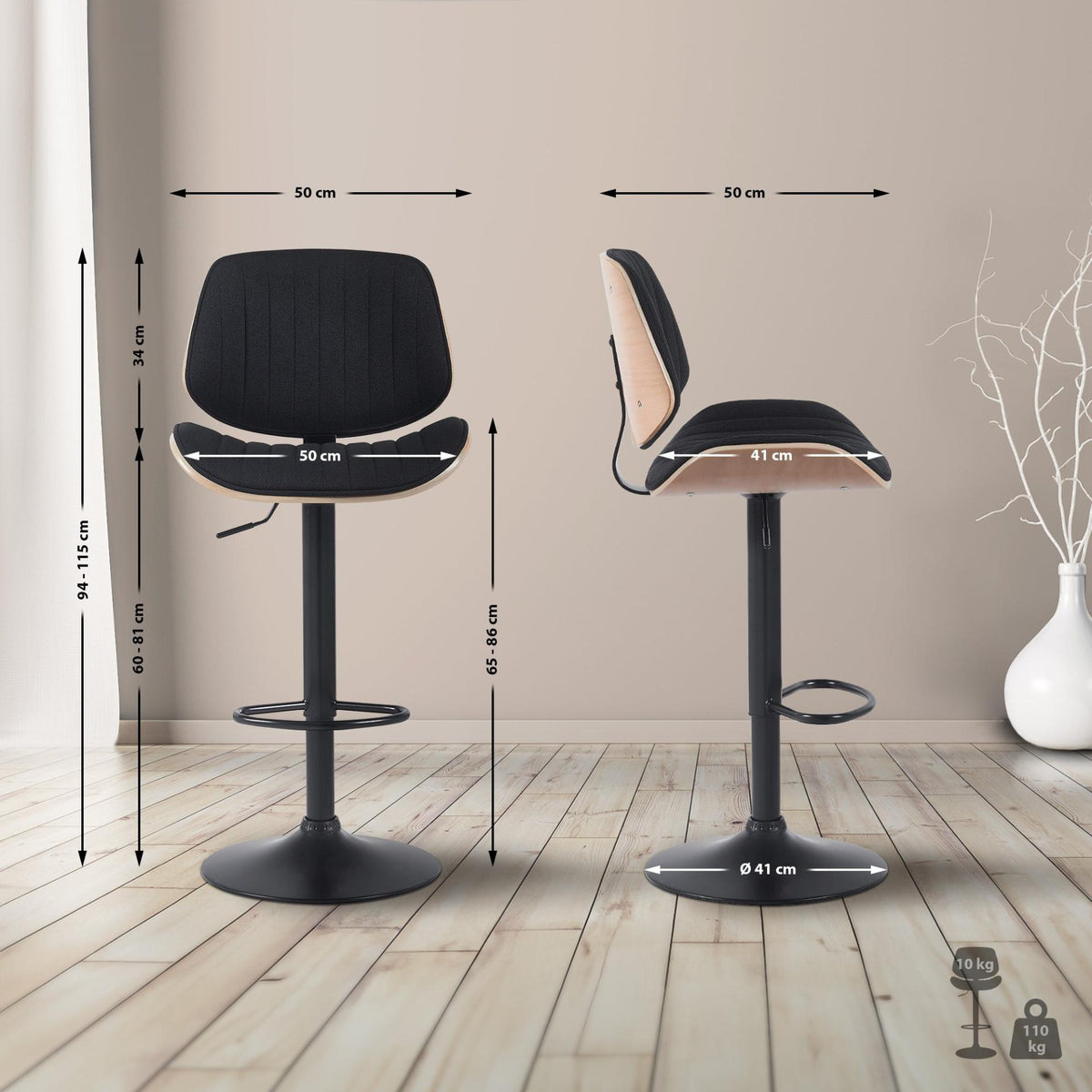 Set van 2 barkrukken Clawson stof natura/zwart,zwart natura/schwarz