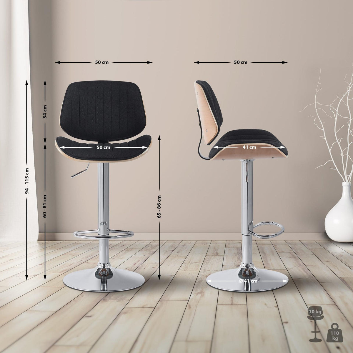 Set van 2 barkrukken Clawson stof natura/zwart,chroom natura/schwarz
