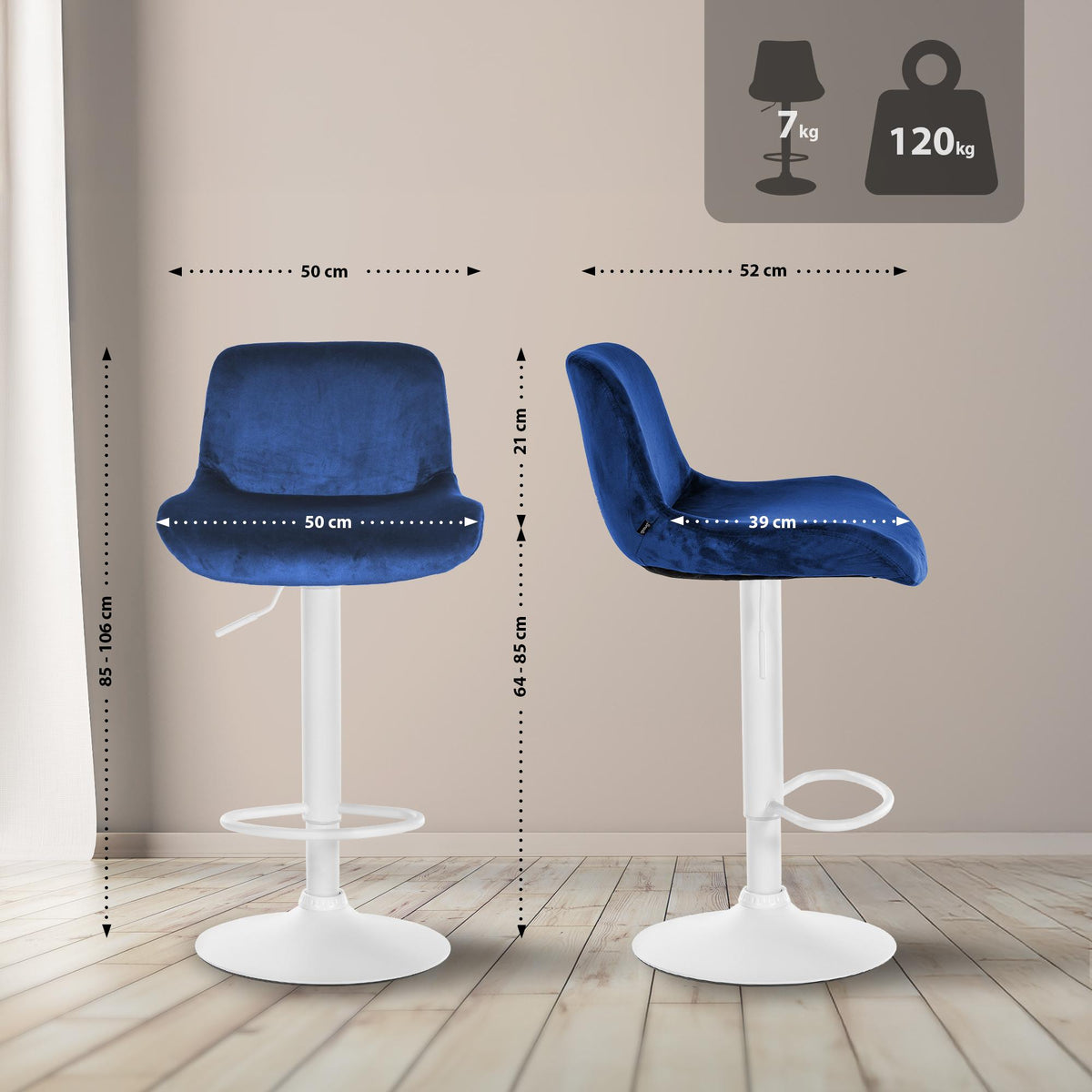 Set van 2 barkrukken Solon Wit blauw,Fluweel blau