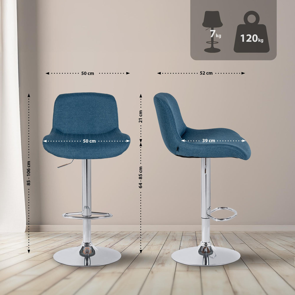 Set van 2 barkrukken Solon chroom blauw,Stof blau