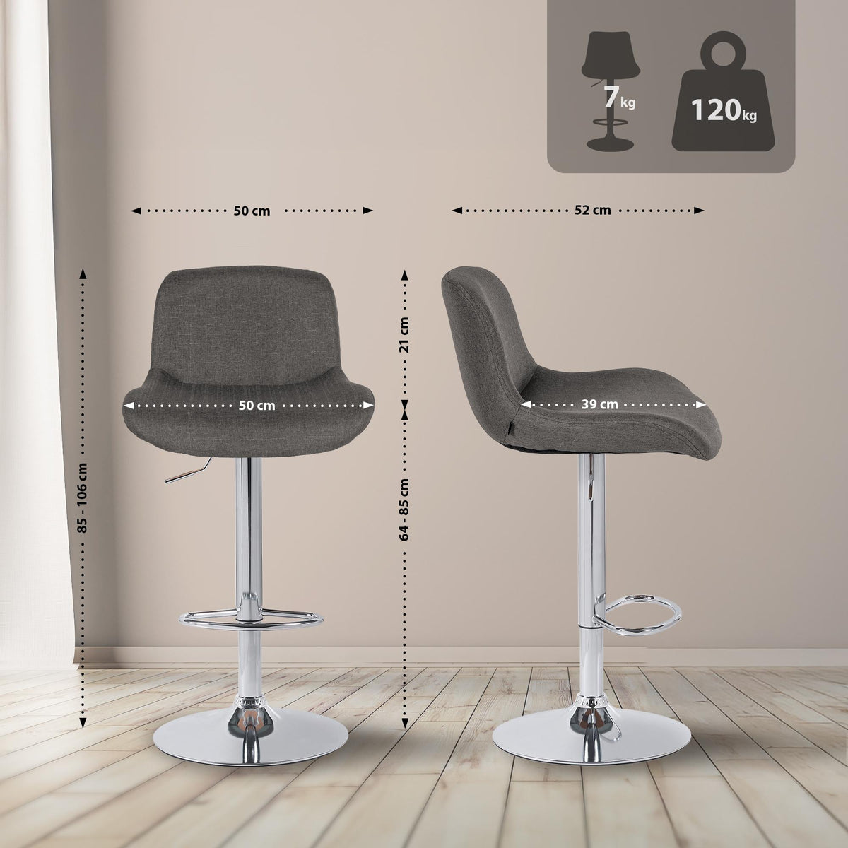 Set van 2 barkrukken Solon chroom donkergrijs,Stof dunkelgrau
